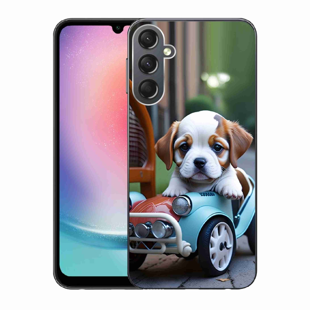 Gelový kryt mmCase na Samsung Galaxy A24 - štěně v retro autě