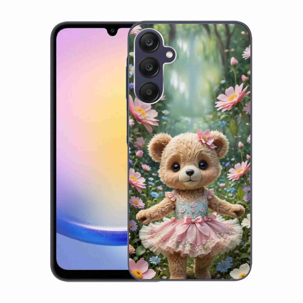 Gelový kryt mmCase na Samsung Galaxy A25 5G - roztomilý medvídek v květinách
