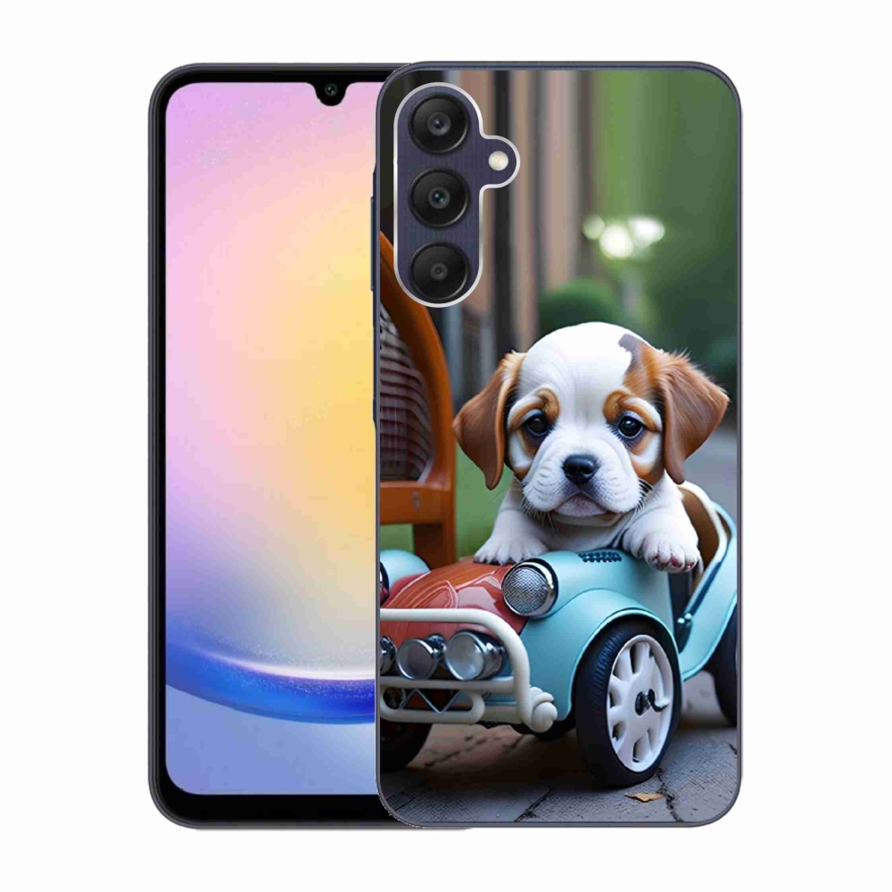 Gelový kryt mmCase na Samsung Galaxy A25 5G - štěně v retro autě