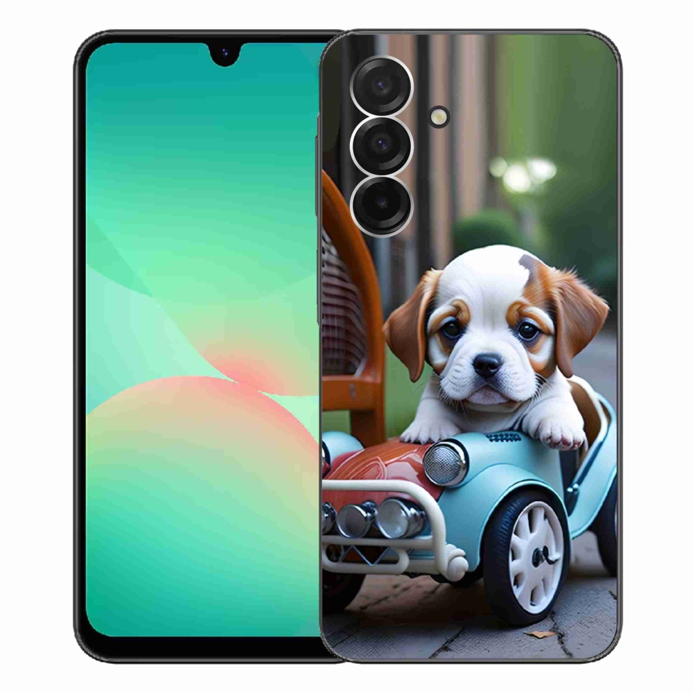 Gelový kryt mmCase na Samsung Galaxy A26 5G - štěně v retro autě