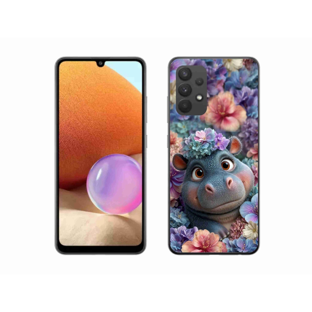 Gelový kryt mmCase na Samsung Galaxy A32 4G - hrošík v květinách