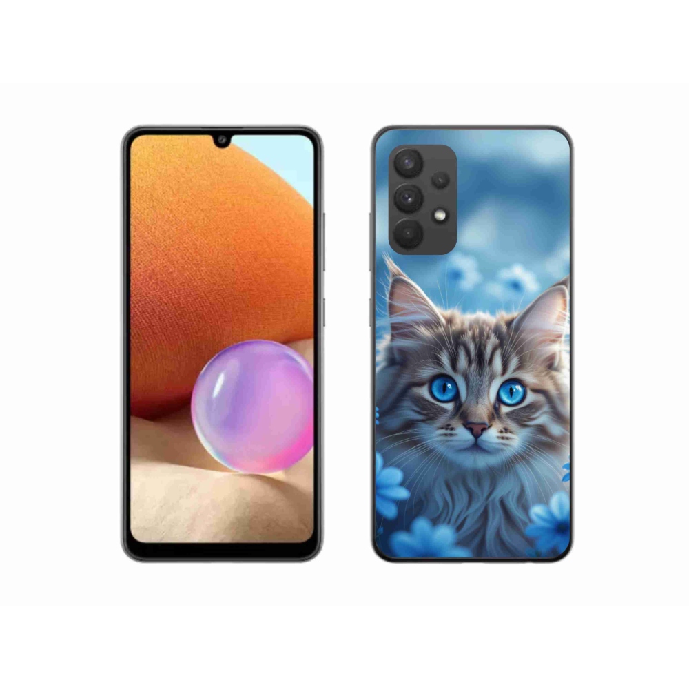 Gelový kryt mmCase na Samsung Galaxy A32 4G - koťátko v modrých květech