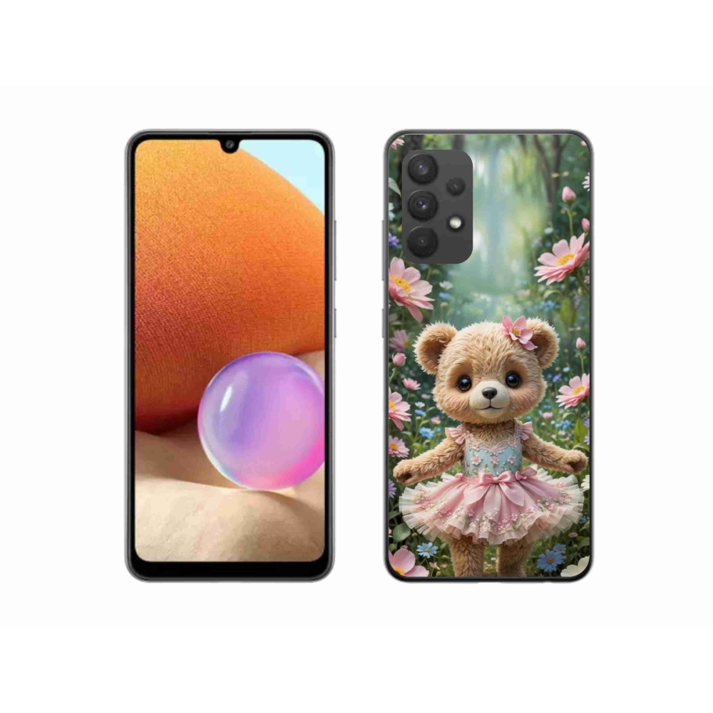 Gelový kryt mmCase na Samsung Galaxy A32 4G - roztomilý medvídek v květinách