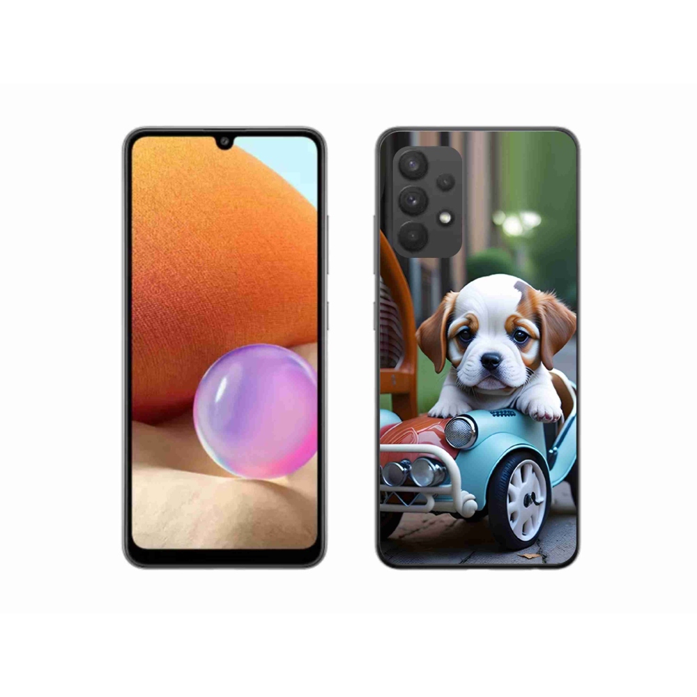 Gelový kryt mmCase na Samsung Galaxy A32 4G - štěně v retro autě