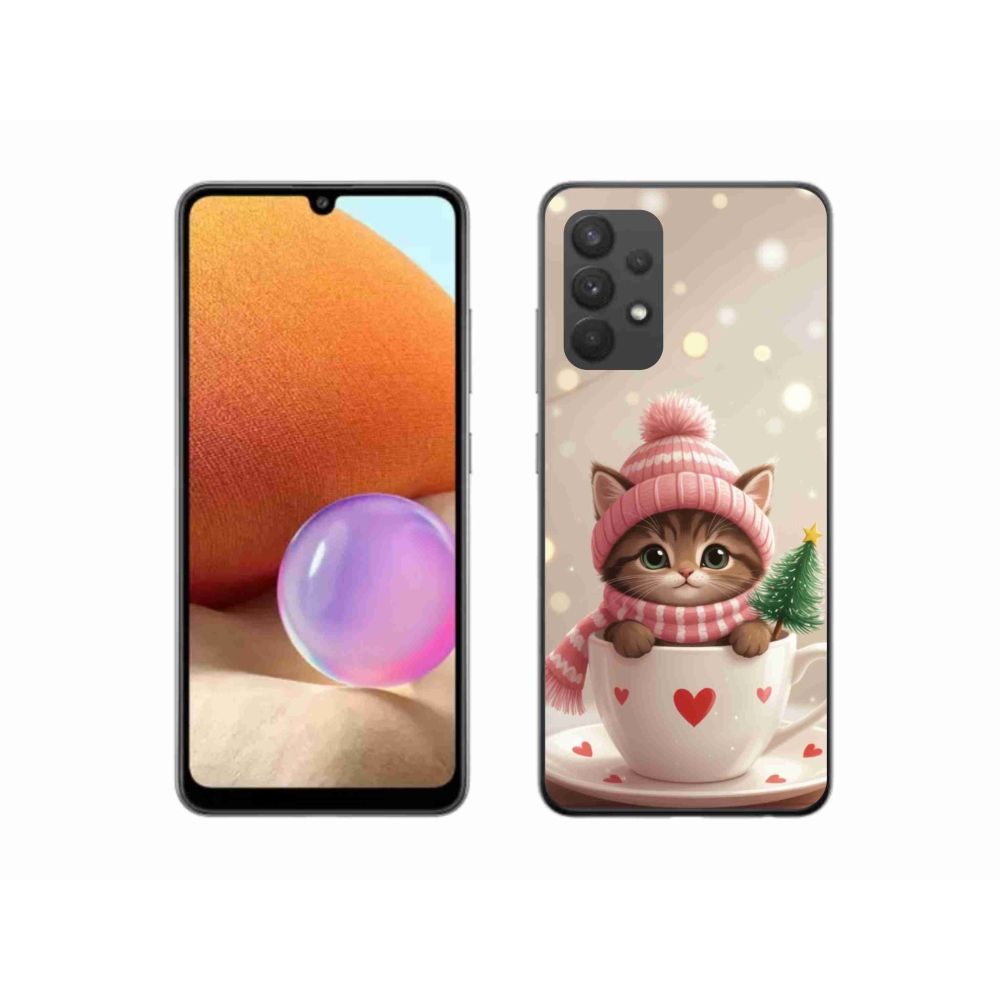 Gelový kryt mmCase na Samsung Galaxy A32 4G - vánoční kotě v hrnku