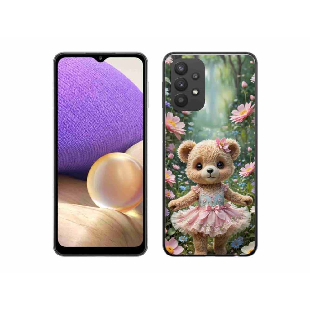 Gelový kryt mmCase na Samsung Galaxy A32 5G - roztomilý medvídek v květinách