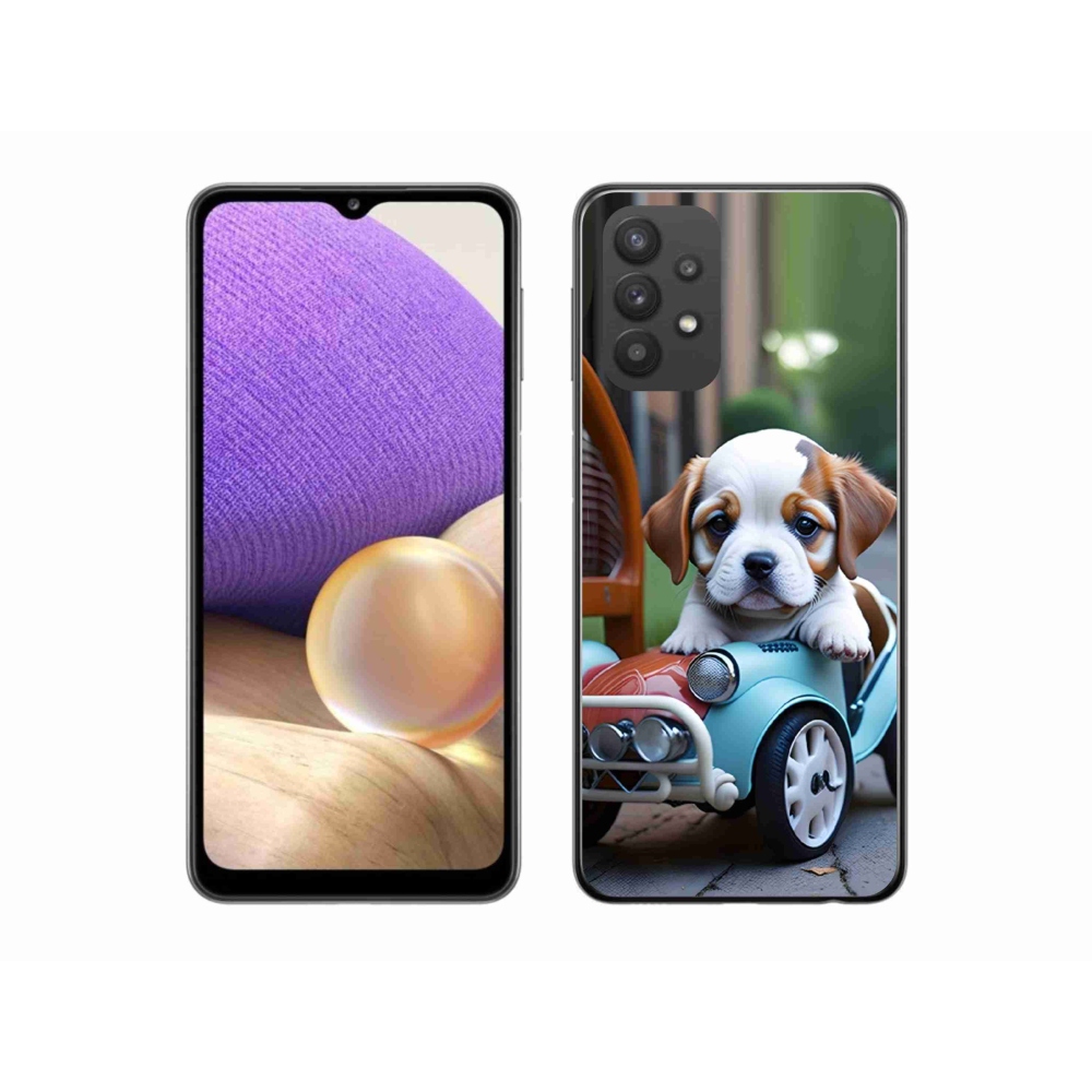 Gelový kryt mmCase na Samsung Galaxy A32 5G - štěně v retro autě