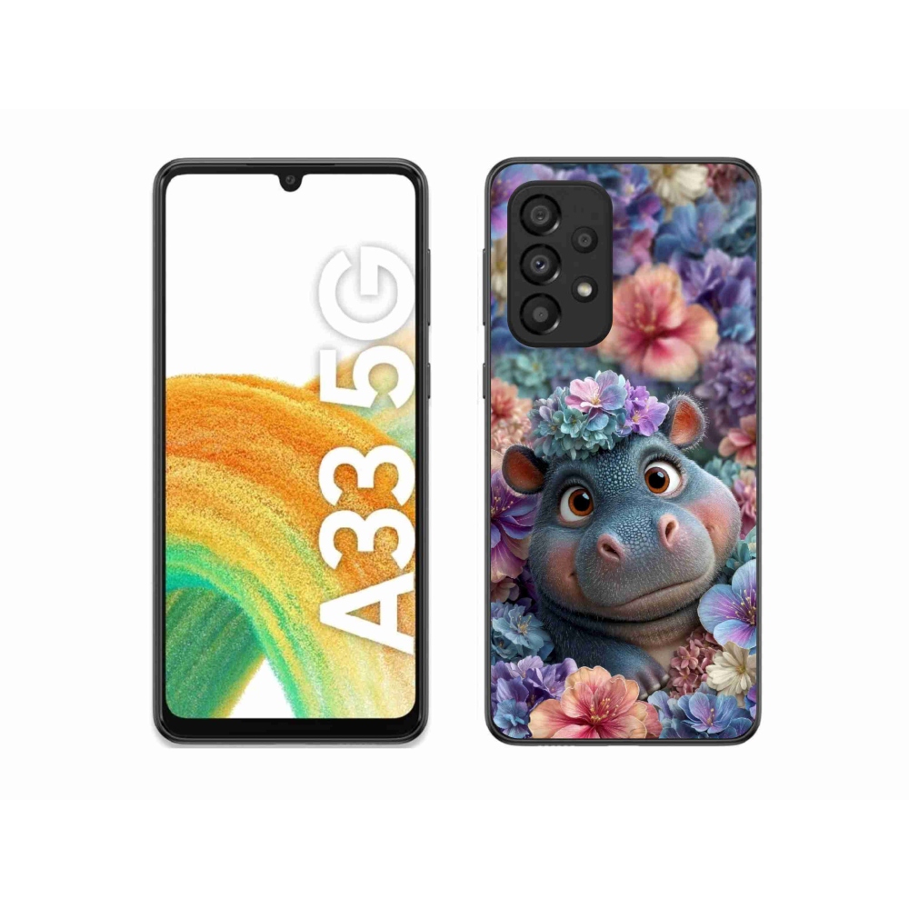 Gelový kryt mmCase na Samsung Galaxy A33 - hrošík v květinách