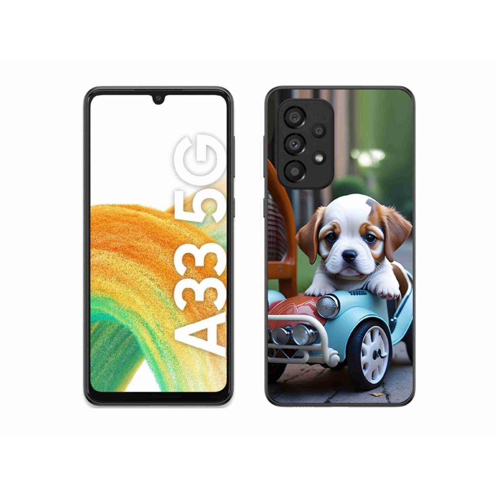 Gelový kryt mmCase na Samsung Galaxy A33 - štěně v retro autě