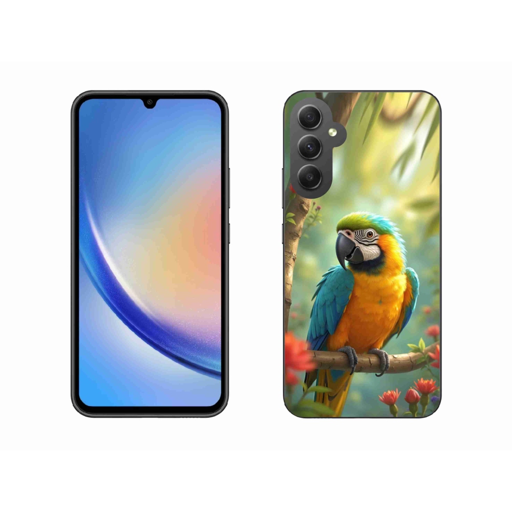 Gelový kryt mmCase na Samsung Galaxy A34 5G - papoušek ara modrožlutá