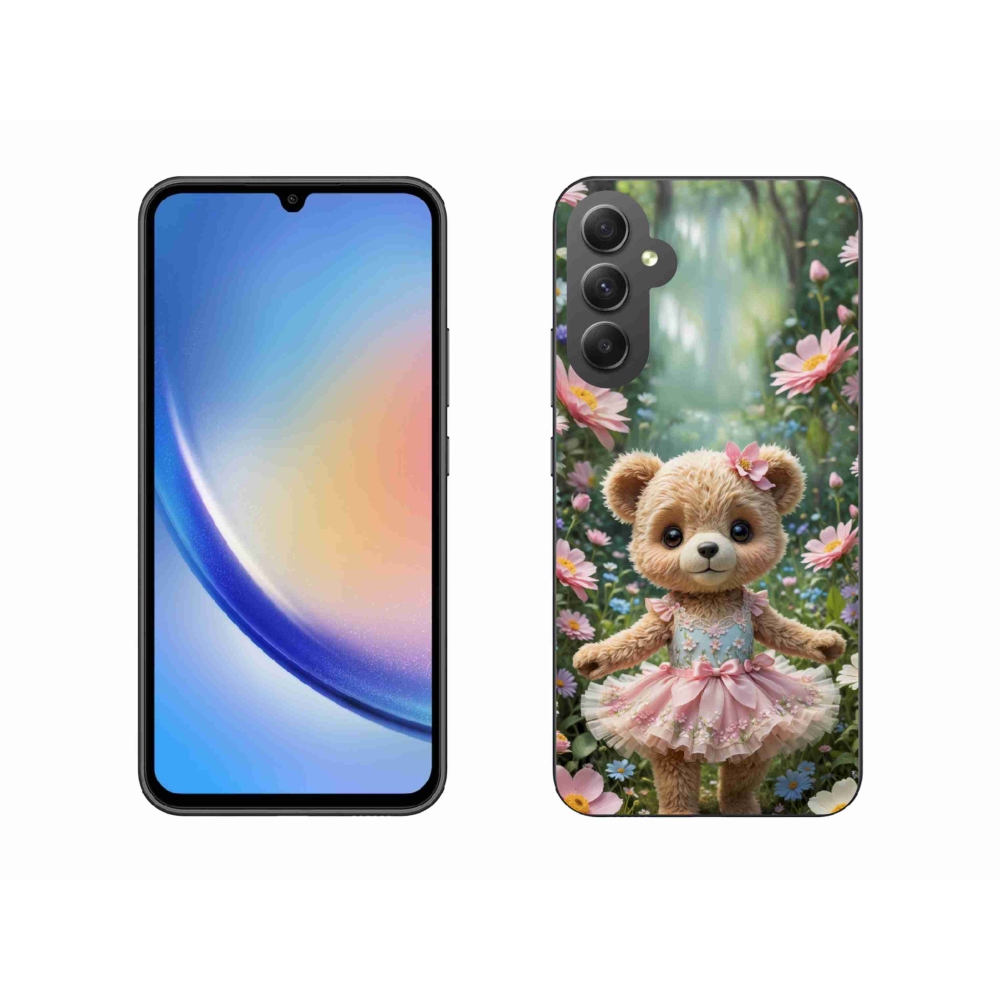 Gelový kryt mmCase na Samsung Galaxy A34 5G - roztomilý medvídek v květinách