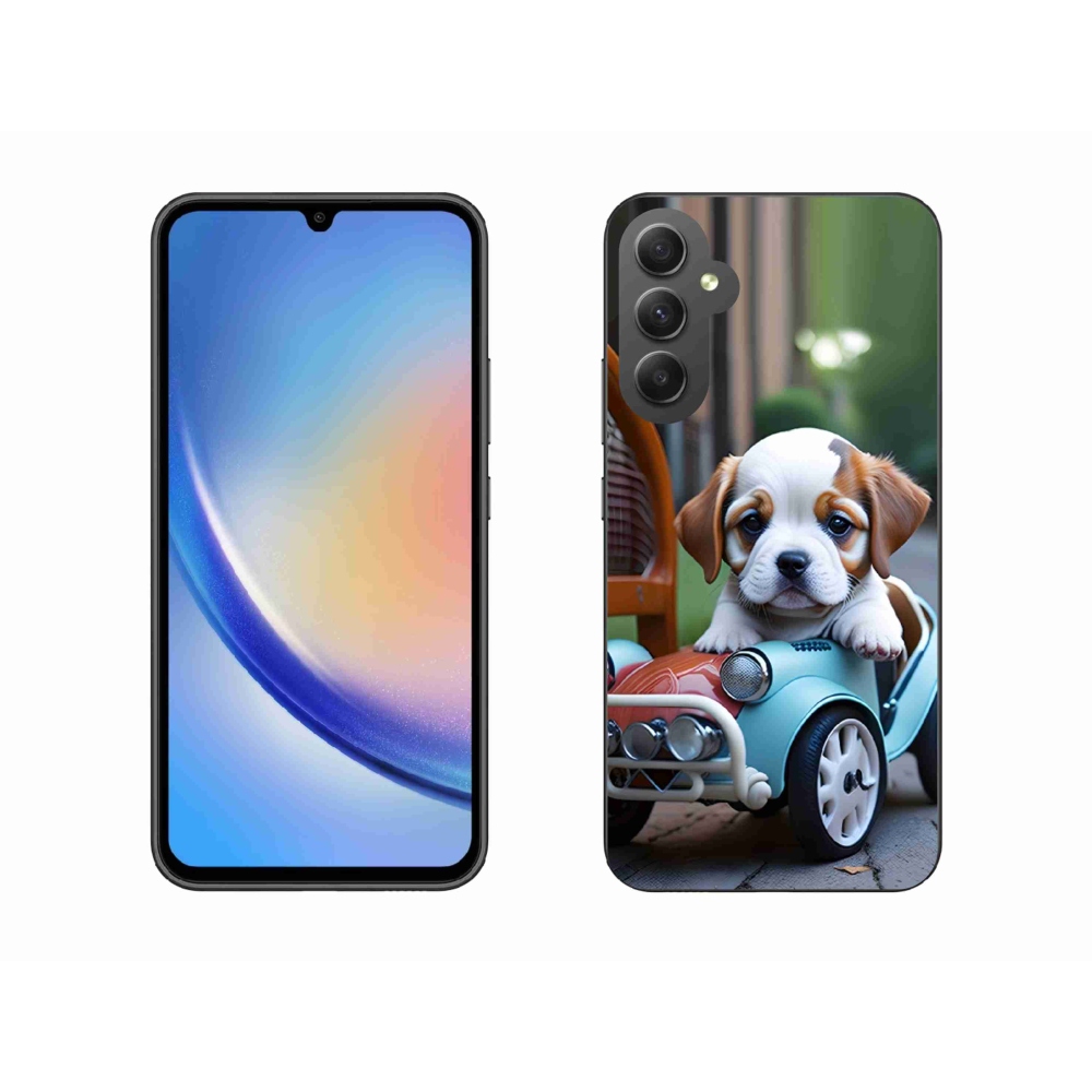 Gelový kryt mmCase na Samsung Galaxy A34 5G - štěně v retro autě