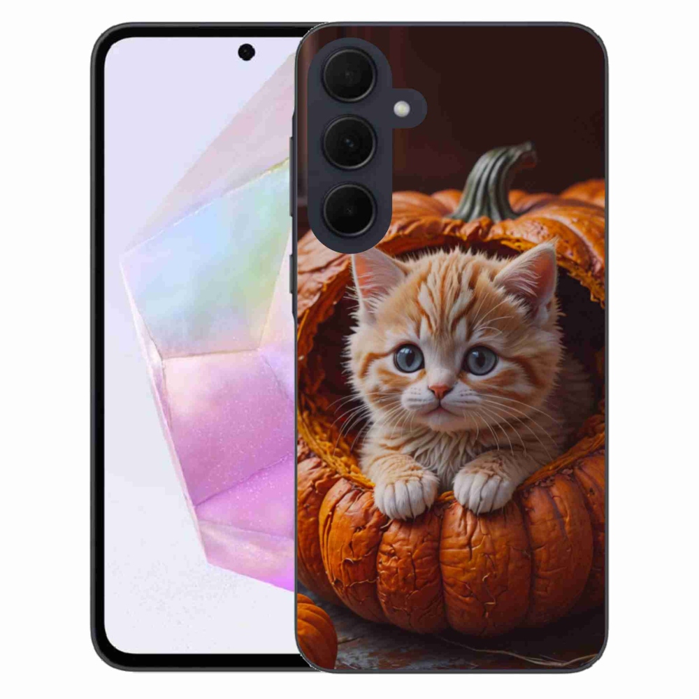 Gelový kryt mmCase na Samsung Galaxy A35 5G - kotě a dýně 2