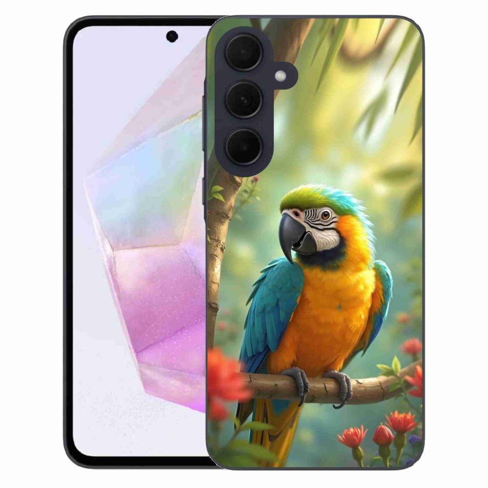 Gelový kryt mmCase na Samsung Galaxy A35 5G - papoušek ara modrožlutá