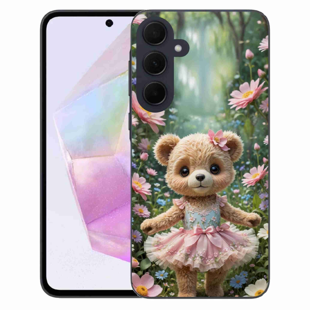Gelový kryt mmCase na Samsung Galaxy A35 5G - roztomilý medvídek v květinách