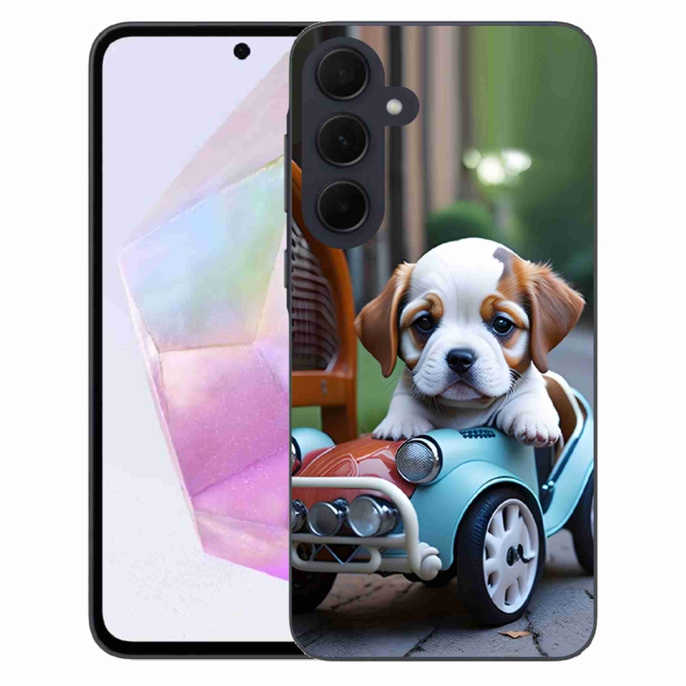 Gelový kryt mmCase na Samsung Galaxy A35 5G - štěně v retro autě