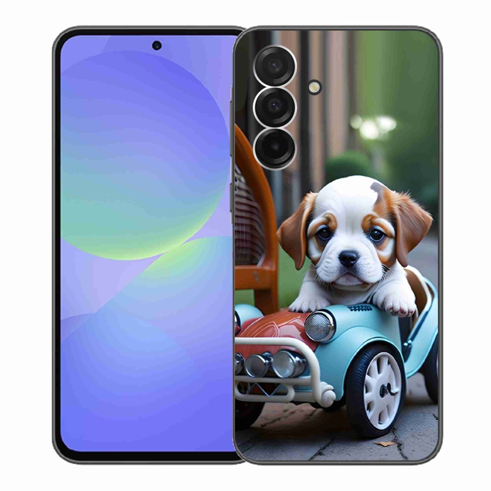 Gelový kryt mmCase na Samsung Galaxy A36 5G - štěně v retro autě