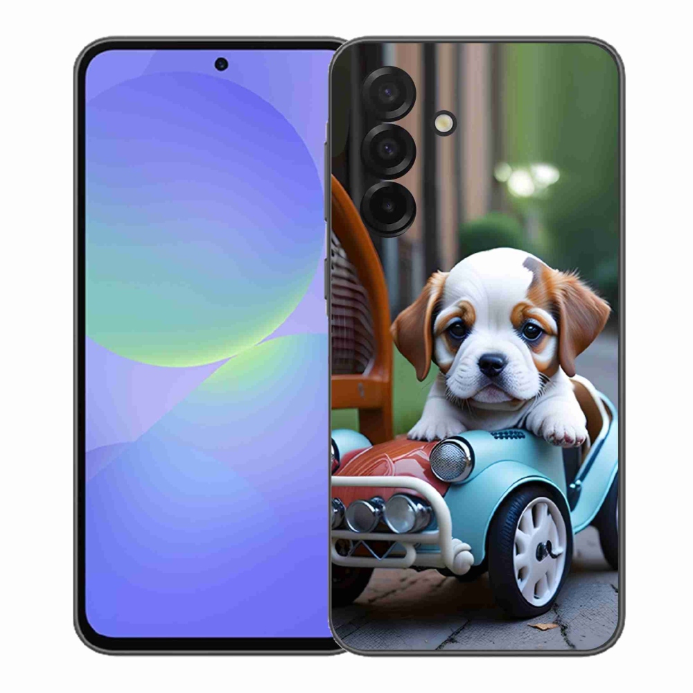 Gelový kryt mmCase na Samsung Galaxy A37 5G - štěně v retro autě