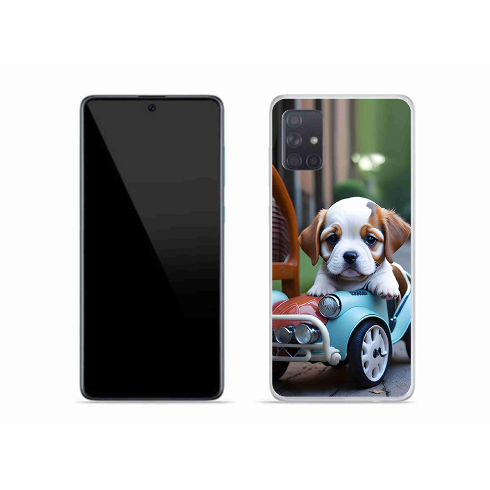 Gelový kryt mmCase na Samsung Galaxy A51 - štěně v retro autě