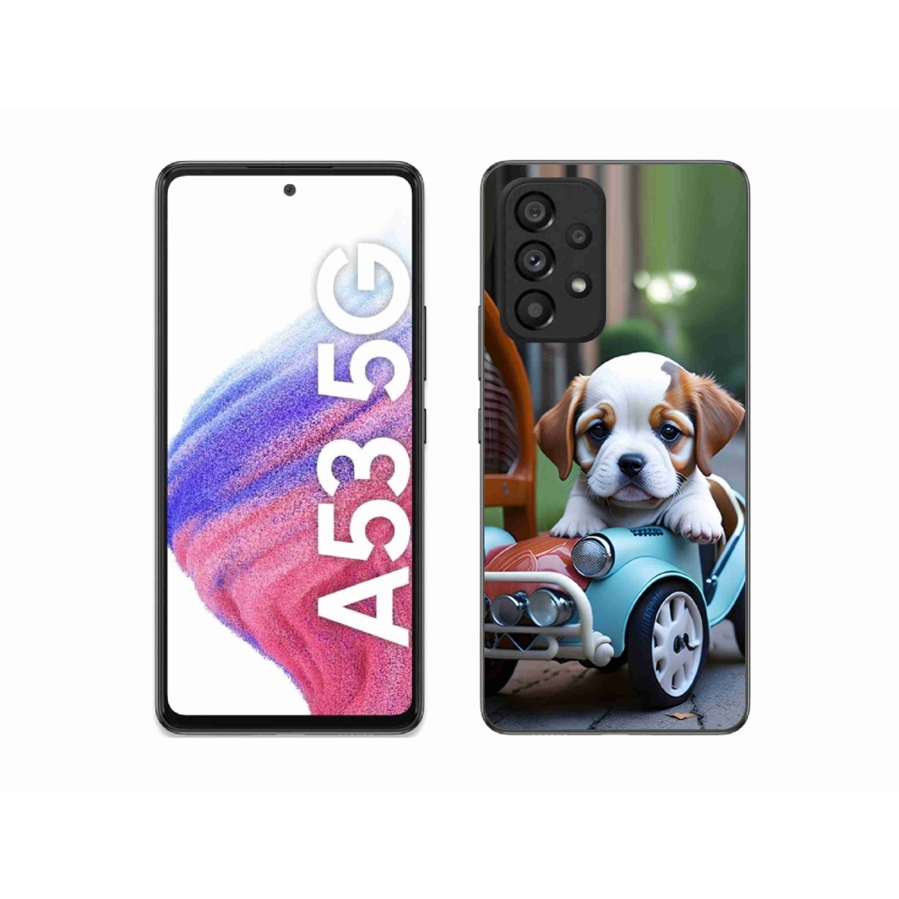 Gelový kryt mmCase na Samsung Galaxy A53 5G - štěně v retro autě