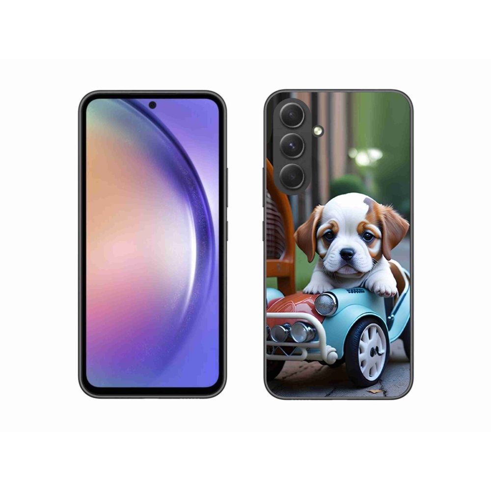 Gelový kryt mmCase na Samsung Galaxy A54 5G - štěně v retro autě