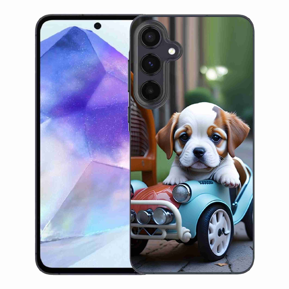 Gelový kryt mmCase na Samsung Galaxy A55 5G - štěně v retro autě