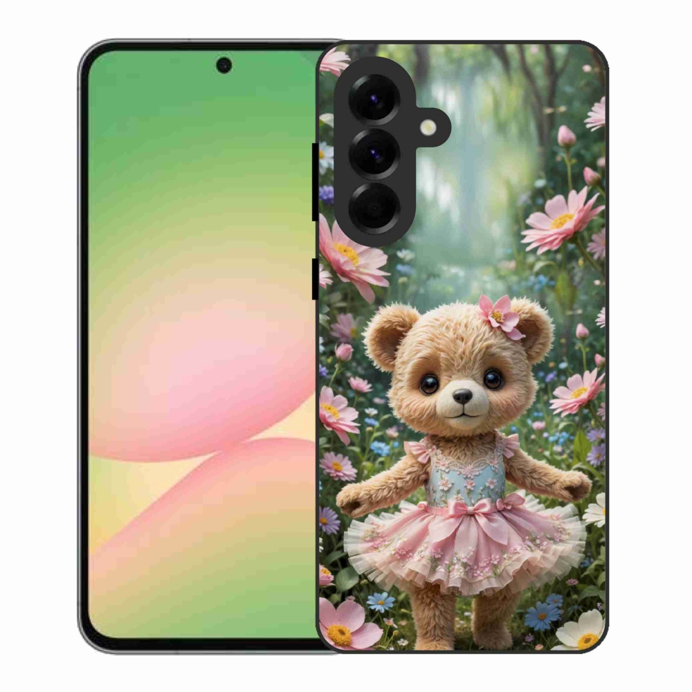 Gelový kryt mmCase na Samsung Galaxy A56 5G - roztomilý medvídek v květinách