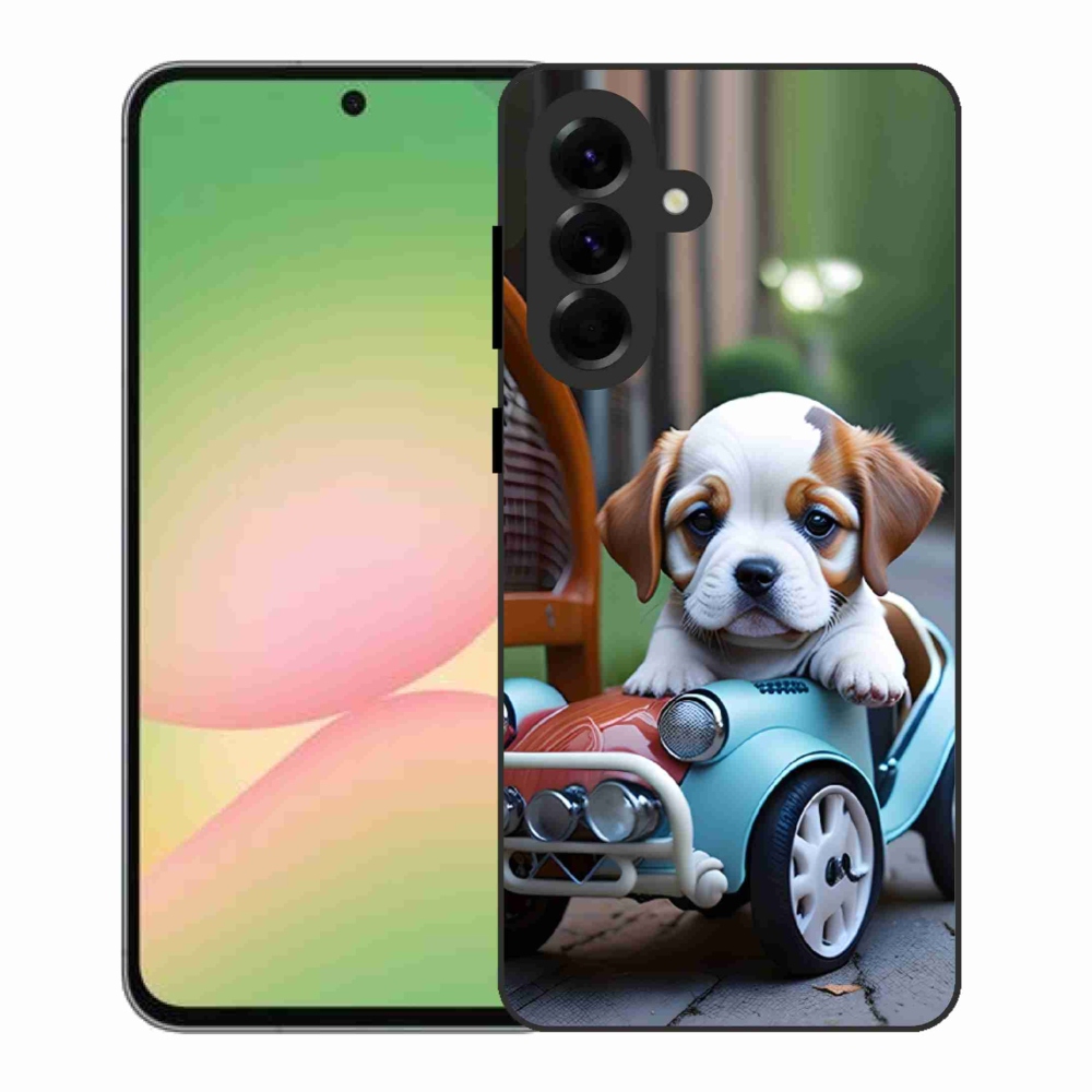 Gelový kryt mmCase na Samsung Galaxy A56 5G - štěně v retro autě