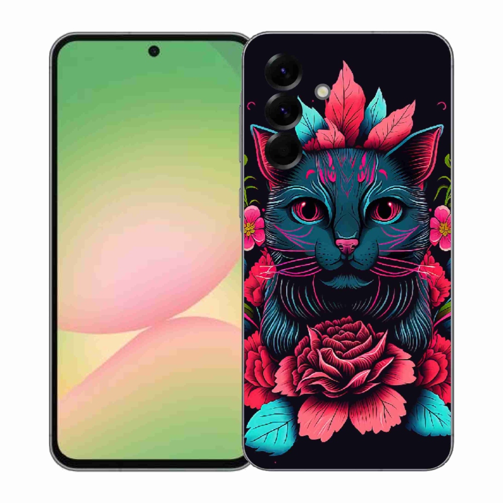 Gelový kryt mmCase na Samsung Galaxy A57 5G - květiny a kočka