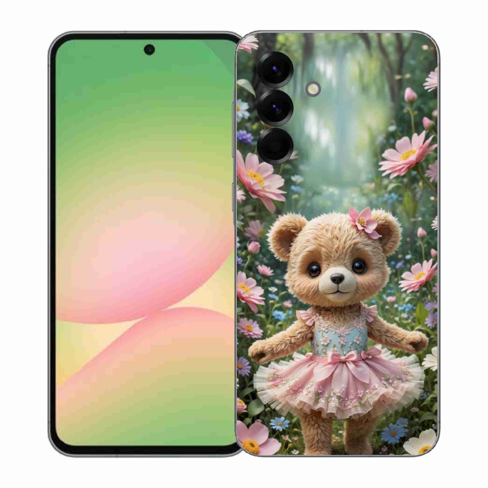 Gelový kryt mmCase na Samsung Galaxy A57 5G - roztomilý medvídek v květinách