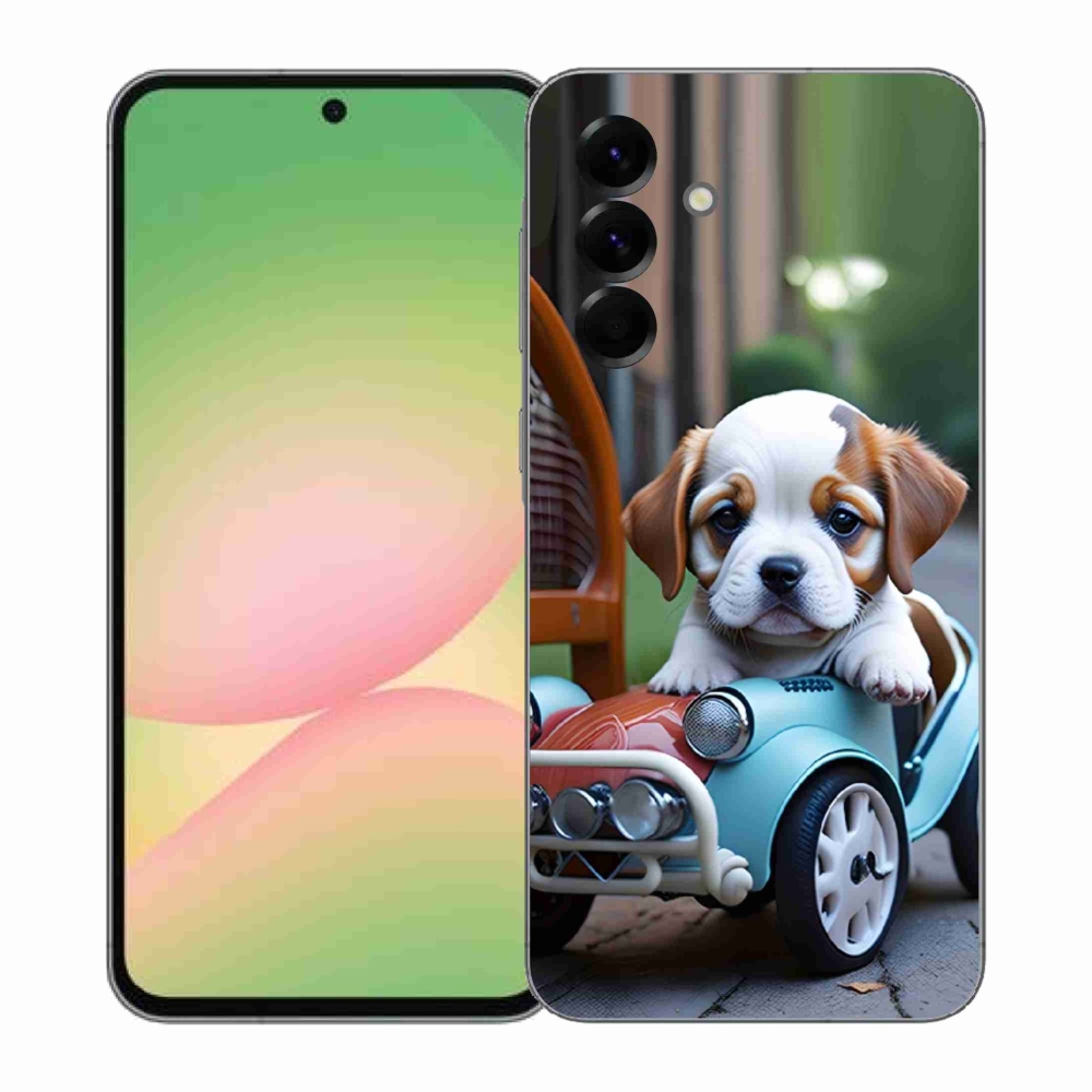 Gelový kryt mmCase na Samsung Galaxy A57 5G - štěně v retro autě