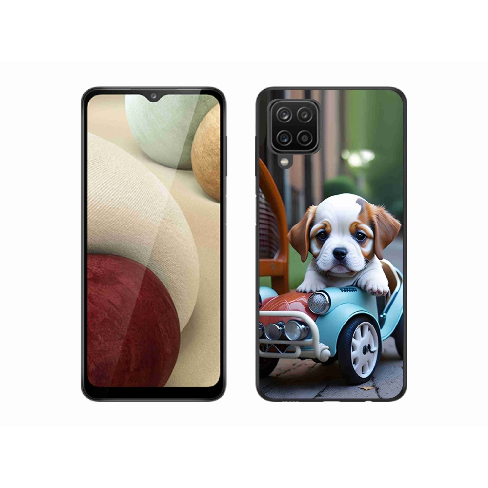 Gelový kryt mmCase na Samsung Galaxy M12 - štěně v retro autě