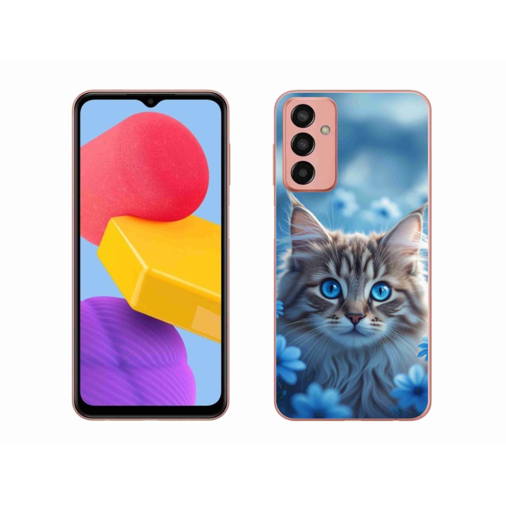 Gelový kryt mmCase na Samsung Galaxy M13 - koťátko v modrých květech