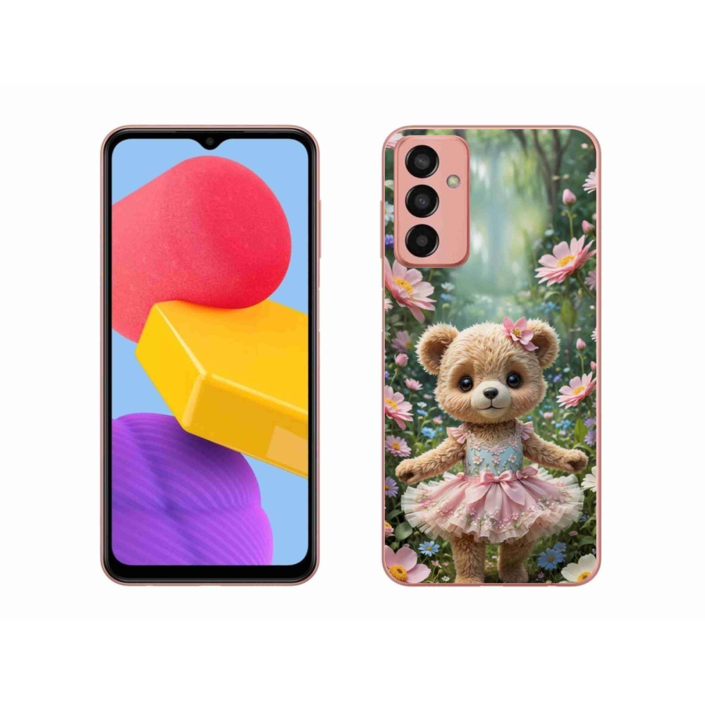 Gelový kryt mmCase na Samsung Galaxy M13 - roztomilý medvídek v květinách