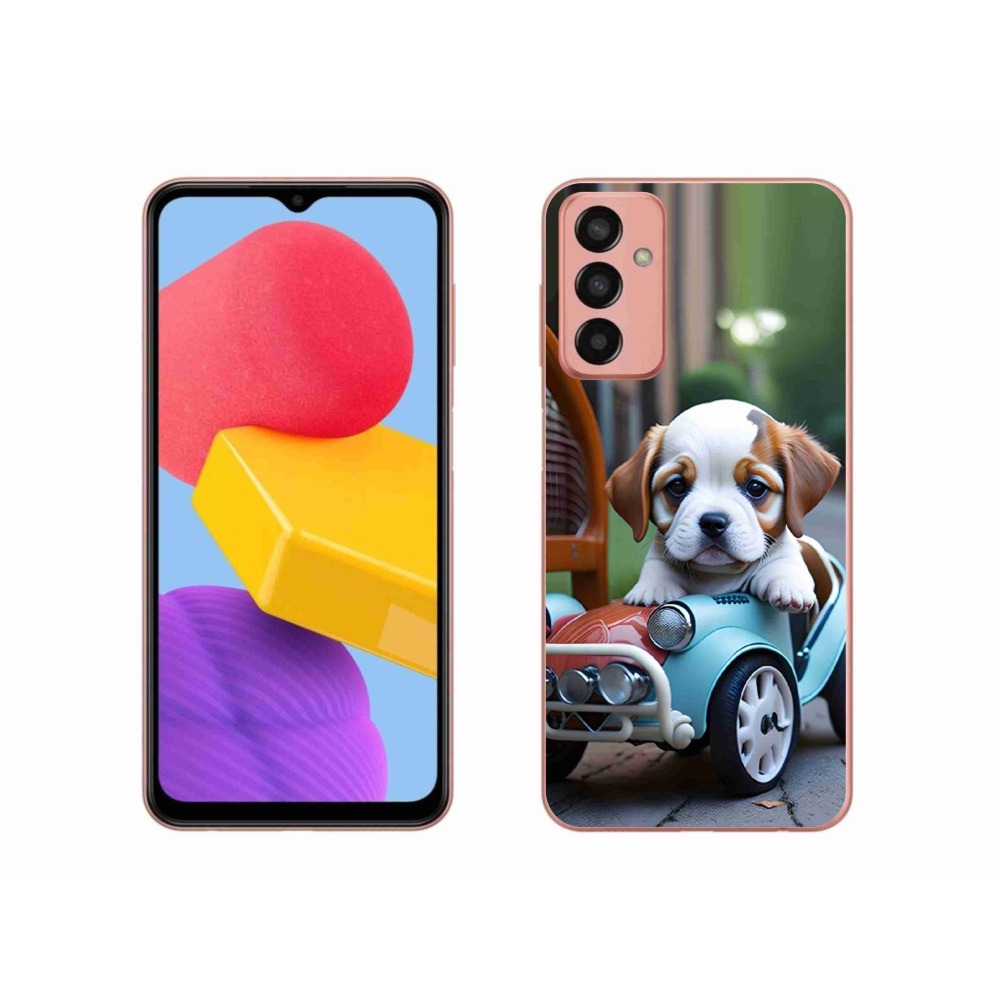 Gelový kryt mmCase na Samsung Galaxy M13 - štěně v retro autě