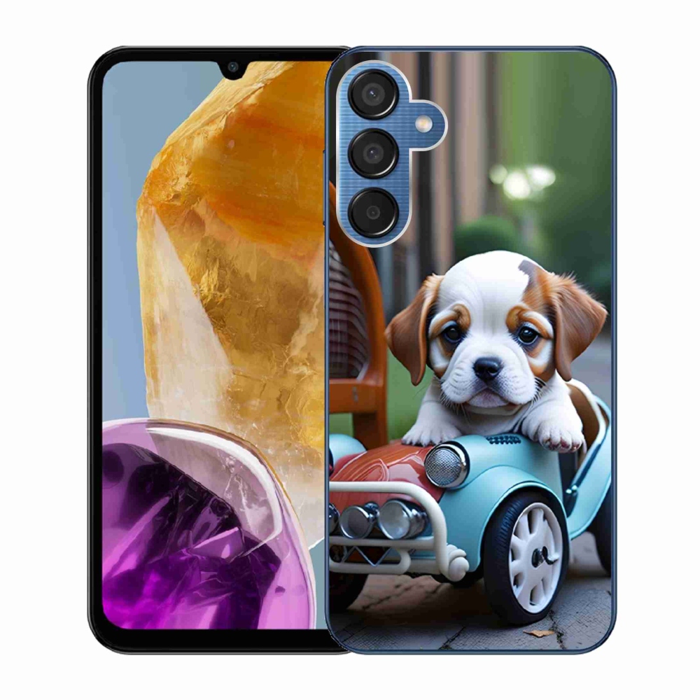 Gelový kryt mmCase na Samsung Galaxy M15 5G - štěně v retro autě