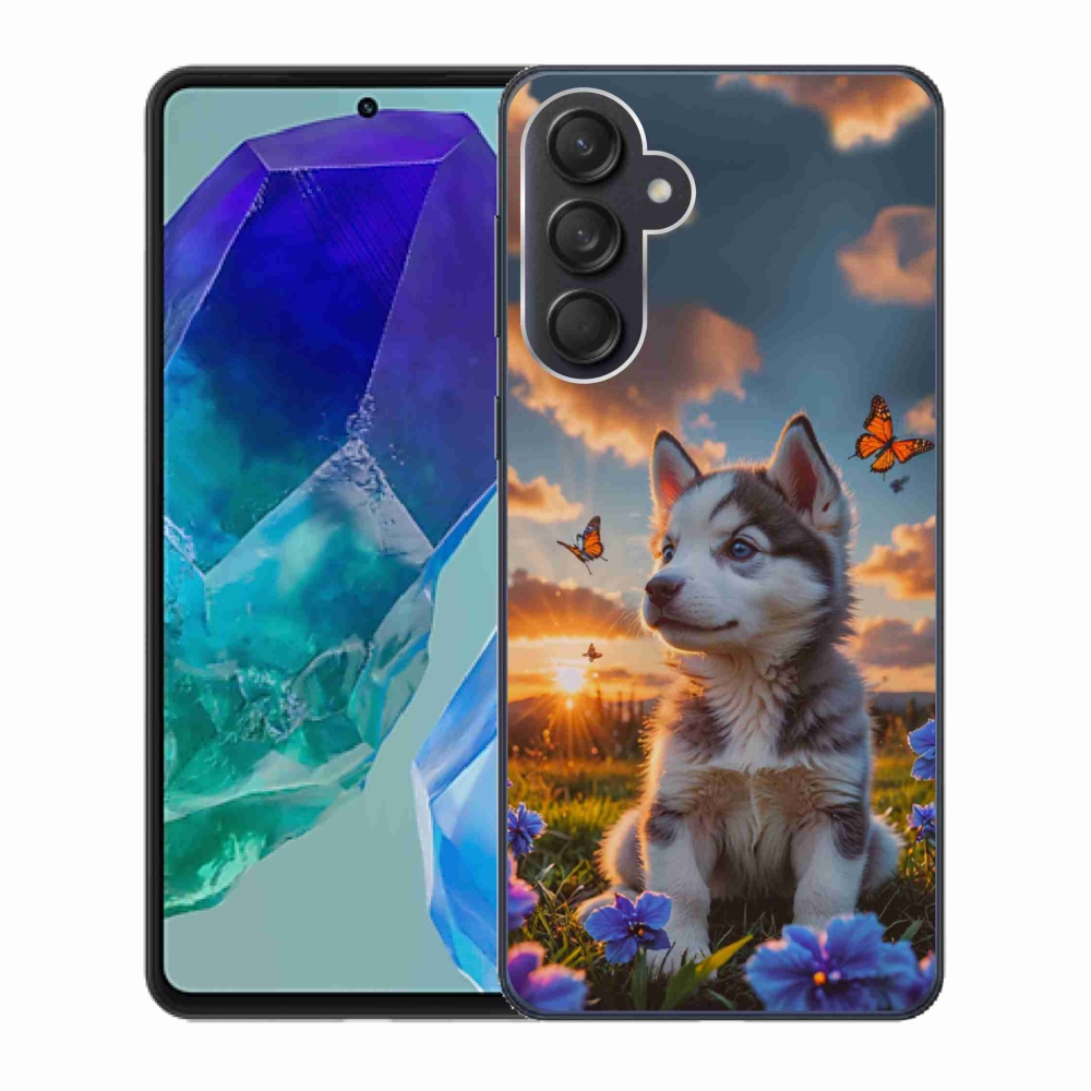 Gelový kryt mmCase na Samsung Galaxy M55 5G - husky při západu slunce