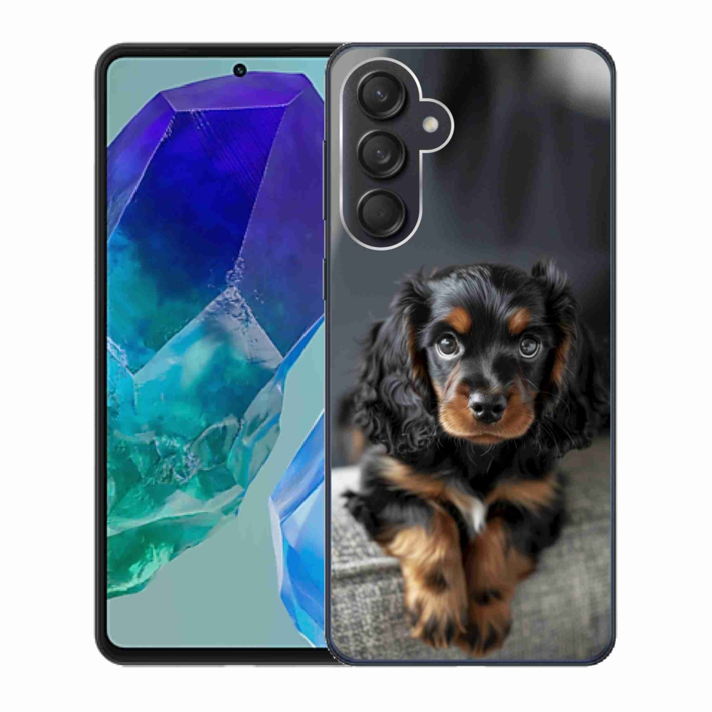 Gelový kryt mmCase na Samsung Galaxy M55 5G - roztomilý dlouhosrstý jezevčík