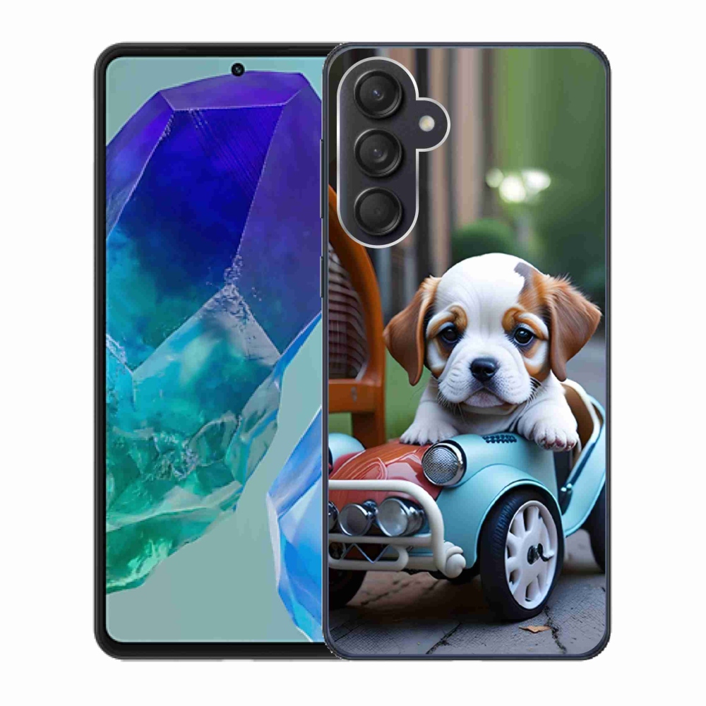 Gelový kryt mmCase na Samsung Galaxy M55 5G - štěně v retro autě