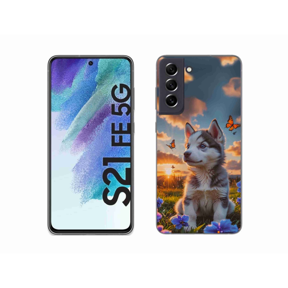 Gelový kryt mmCase na Samsung Galaxy S21 FE 5G - husky při západu slunce