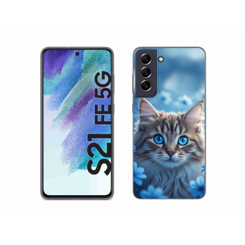 Gelový kryt mmCase na Samsung Galaxy S21 FE 5G - koťátko v modrých květech