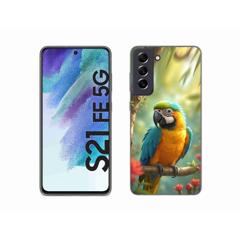 Gelový kryt mmCase na Samsung Galaxy S21 FE 5G - papoušek ara modrožlutá