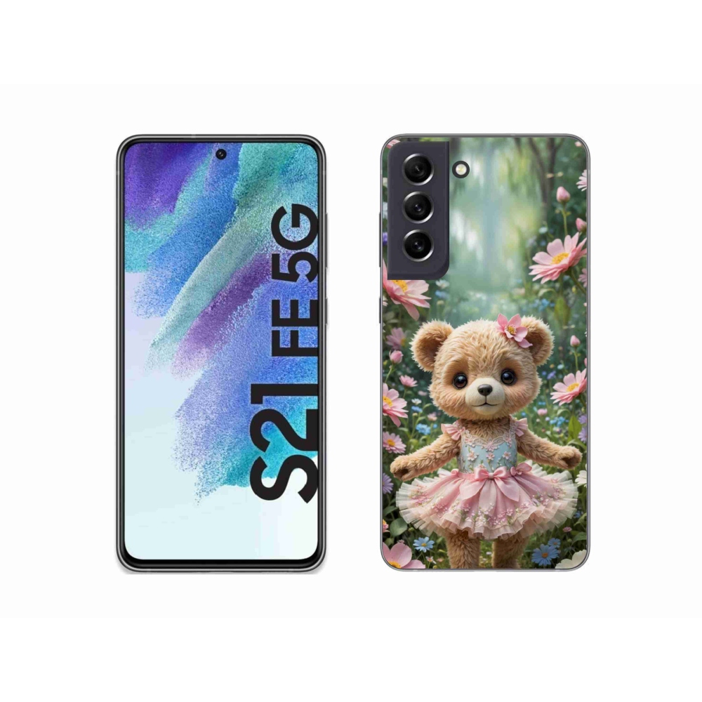 Gelový kryt mmCase na Samsung Galaxy S21 FE 5G - roztomilý medvídek v květinách
