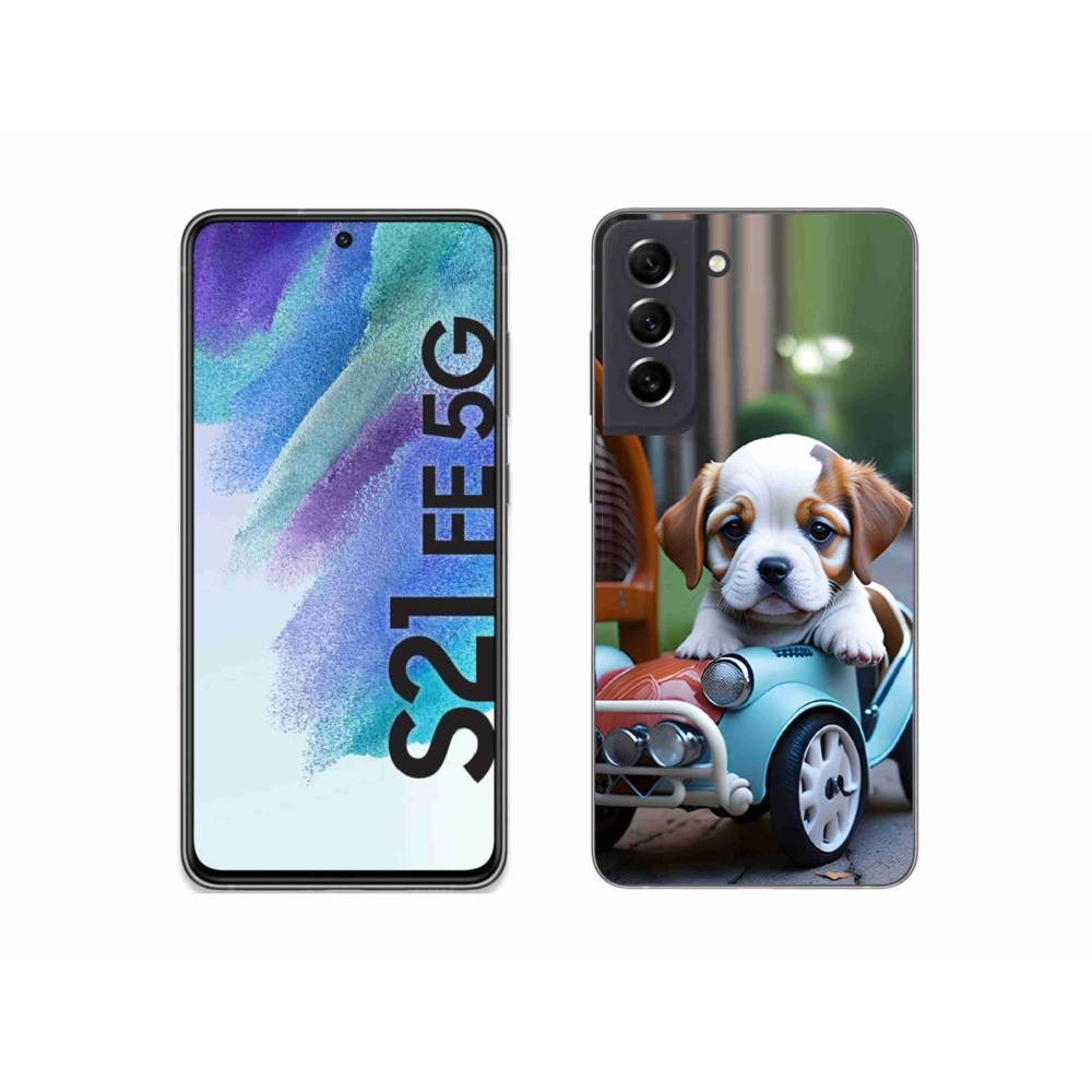 Gelový kryt mmCase na Samsung Galaxy S21 FE 5G - štěně v retro autě