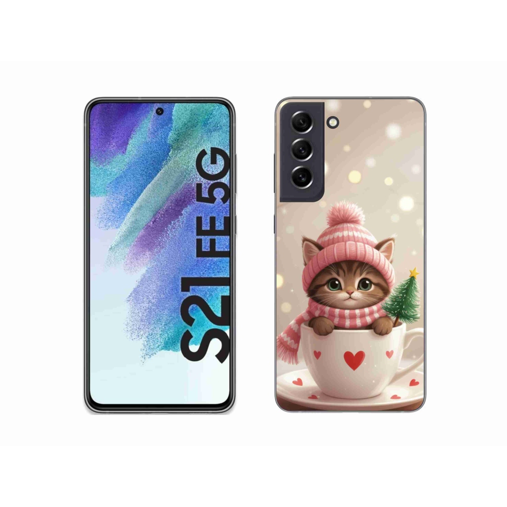 Gelový kryt mmCase na Samsung Galaxy S21 FE 5G - vánoční kotě v hrnku