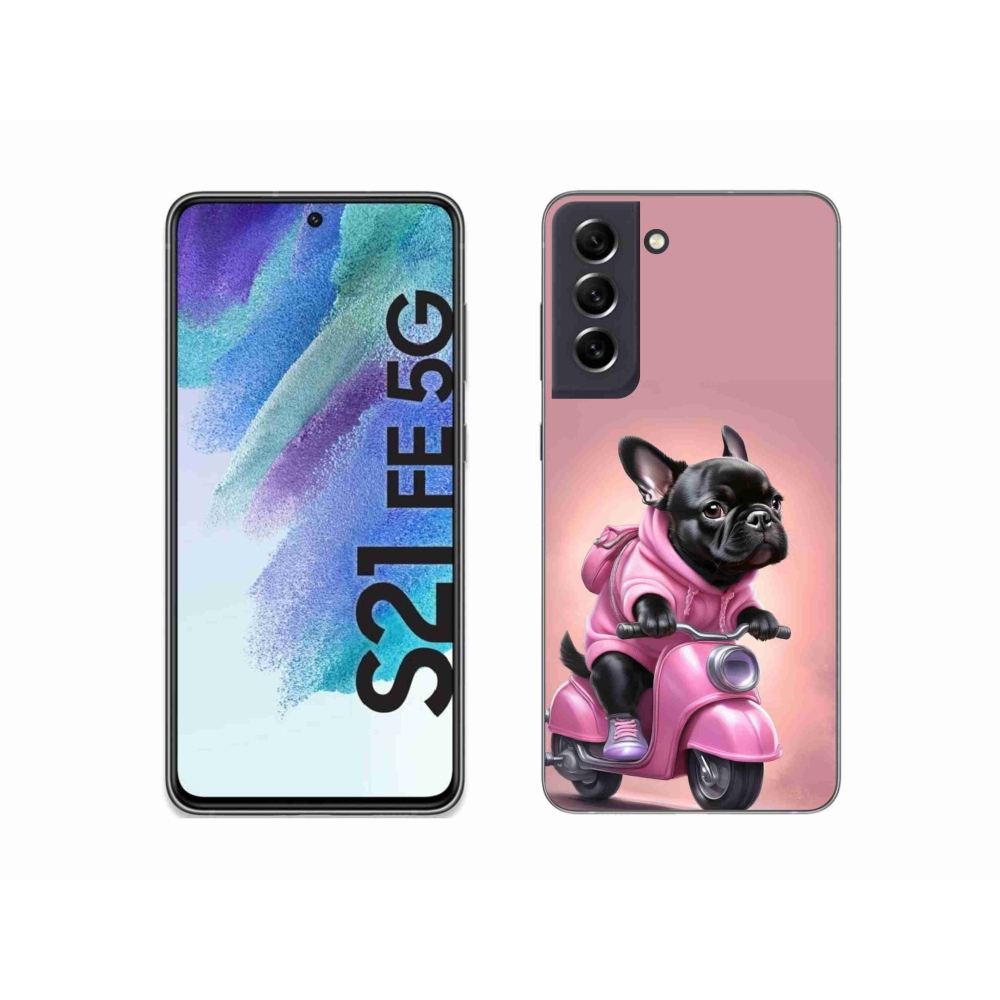 Gelový kryt mmCase na Samsung Galaxy S21 FE - francouzský buldoček na skútru