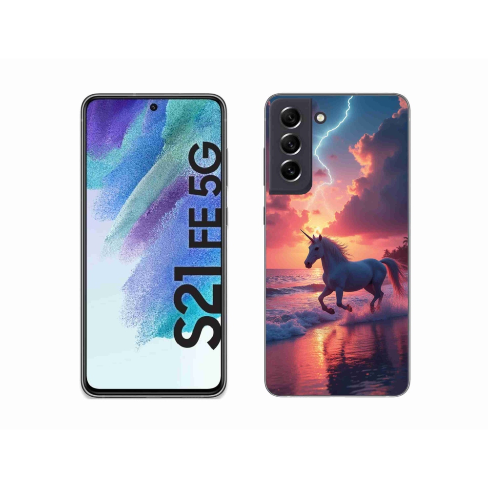 Gelový kryt mmCase na Samsung Galaxy S21 FE - jednorožec na pláži