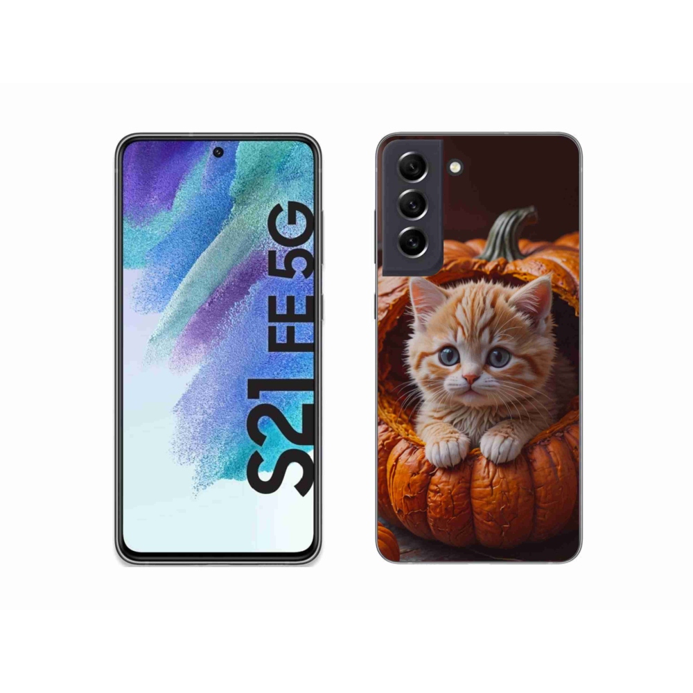 Gelový kryt mmCase na Samsung Galaxy S21 FE - kotě a dýně 2