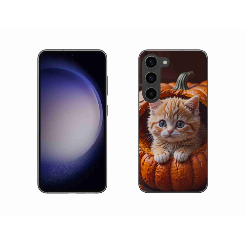 Gelový kryt mmCase na Samsung Galaxy S23 5G - kotě a dýně 2