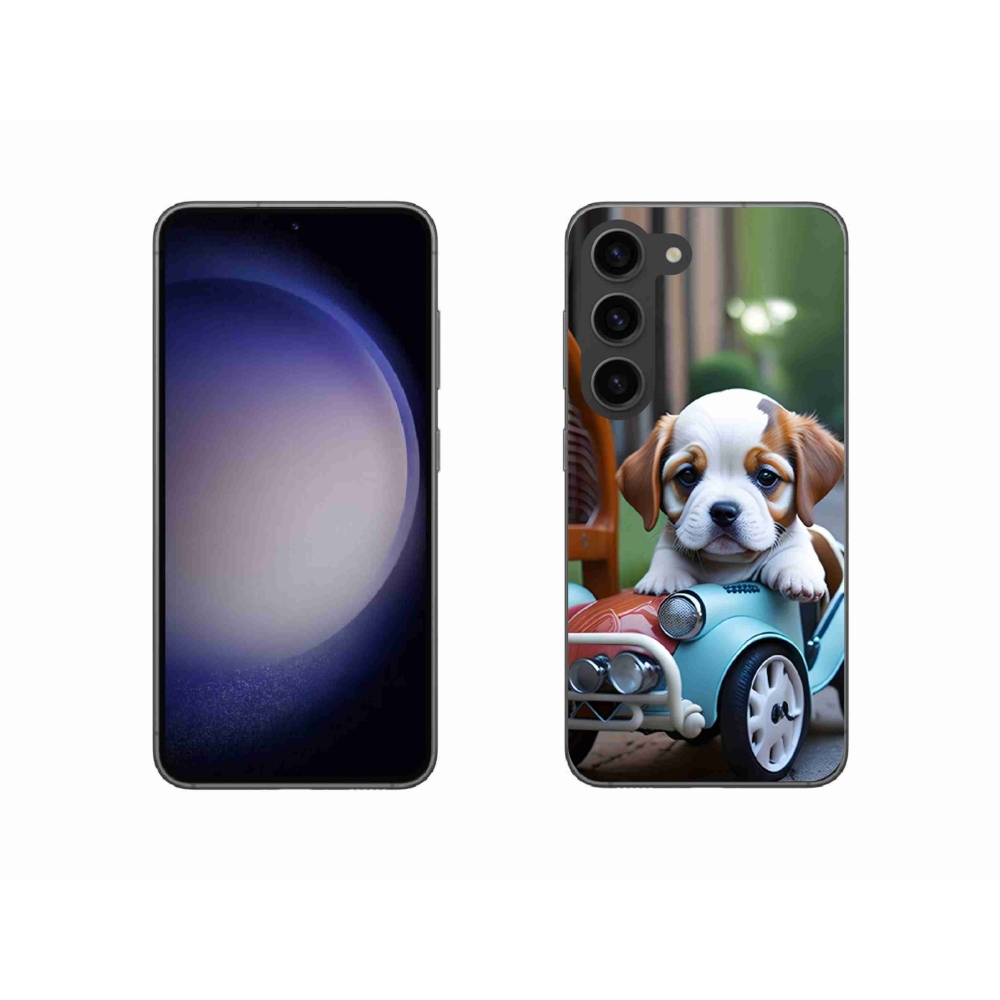 Gelový kryt mmCase na Samsung Galaxy S23 5G - štěně v retro autě
